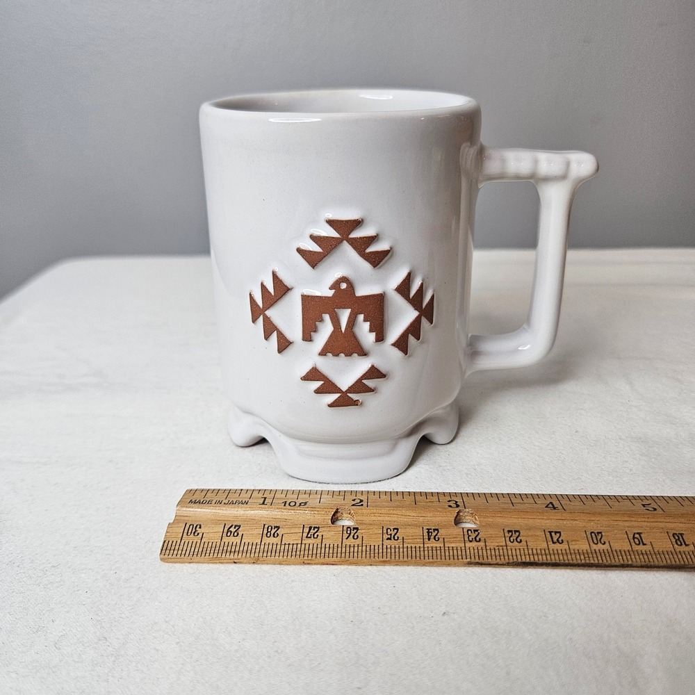 Frankoma C1 Thunderbird Mug White Desert Gold Pottery USA Vintage Southwestern